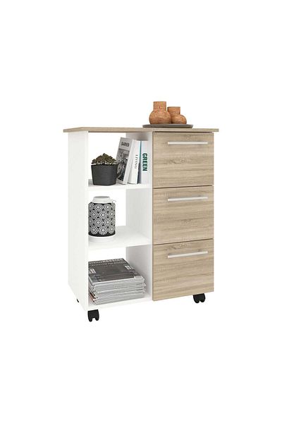haaus.ro Corp Mobil Loma, 3 Sertare, 3 Rafturi, Stejar Sonoma/Alb, 64 x 35 x 85 cm