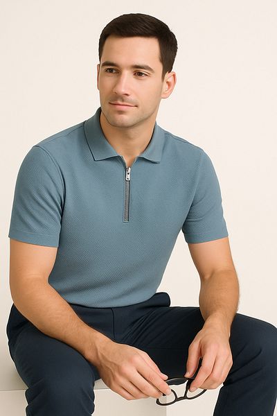 UOMOPARK 2938 Aqua Piqué Lycra Honeycomb Single Jersey με υφή με φερμουάρ γιακά πόλο