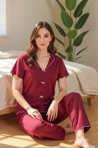 BELLA NOTTE Cotton Burgundy V-Neck Summer Pajama Set