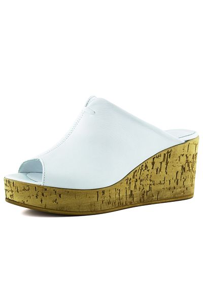 Erkan Saçmacı Mallery White Genuine Leather Open Front Cork Sole Look Wedge Heeled Slippers