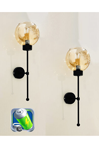 gaziantepavize Şarj Et Kullan Feza Şarjlı Pilli Aplik Siyah Kasa Bal Camlı Metal Modern Koridor Aydınlatma -2 Adet