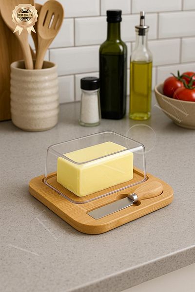 NEWNOW Buttermate Bamboo Butter Container with Transparent Lid & Knife Set