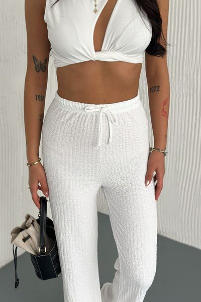 Hisleria Summer High Waist Seersucker Fabric Trousers White