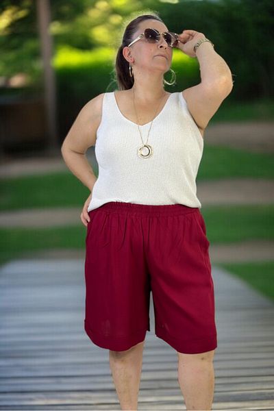 yagmurberen Cotton Viscose Fabric Pocketed Waist Elastic Double Legs Large Size Shorts.