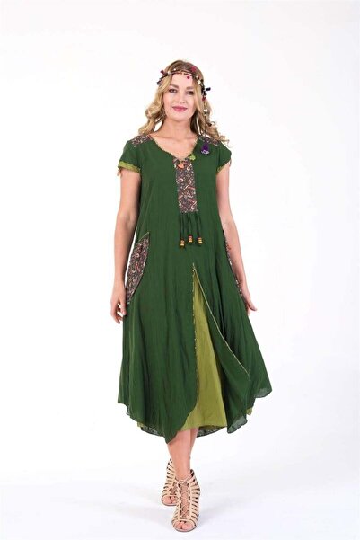 ERC 624 Püskül Detay Oyalı Aykollu Yıkamalı Otantik Pamuk Elbise