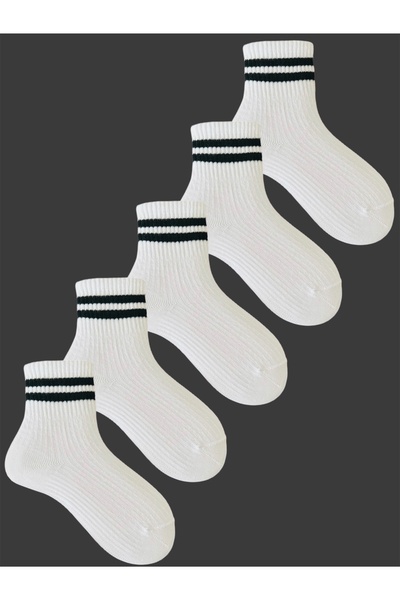 Çorabistaan 5 Çift Beyaz Unisex Kız Erkek Çocuk Derbili Tenis Çorap Yüksek Ka...
