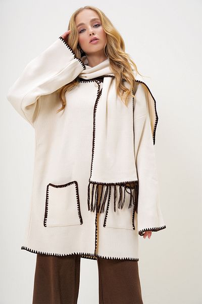 VAGGON Double Pocket Shepherd Stitch Detailed Oversize Cardigan and Scarf Set