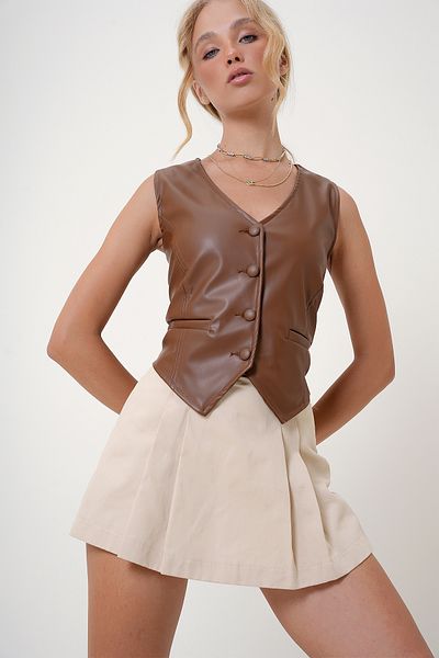 VAGGON Faux Leather Vest with Inside Hood and Pocket Detail