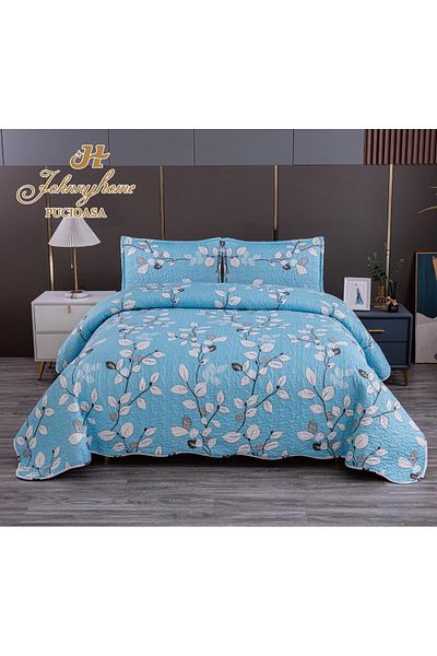 FIONNA.RO 2-Sided Quilted Cotton Blanket - Blue With Leaves