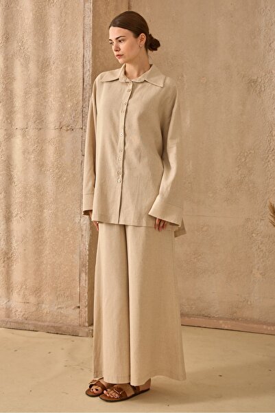 QANU بدلة كتان مع بنطلون بيج