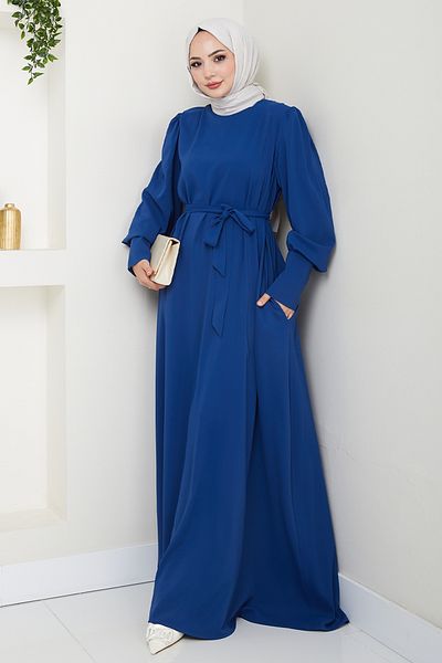 InStyle Balloon Sleeve Plain Model Indigo Dress