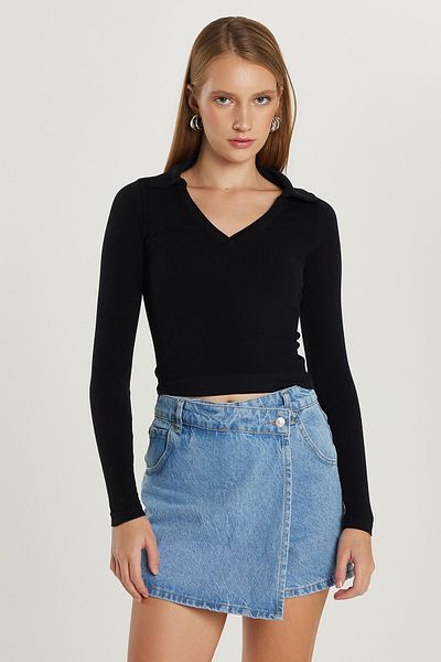 Tudors Women's Slim Fit Slim Fit V-Neck Black Blouse