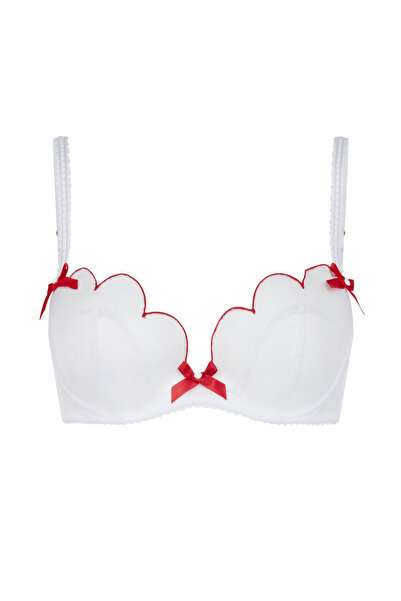 Agent Provocateur حمالة صدر Lorna Plunge مدعمة باللون الأبيض والأحمر من التول - دعم قوي وتطريز أنيق