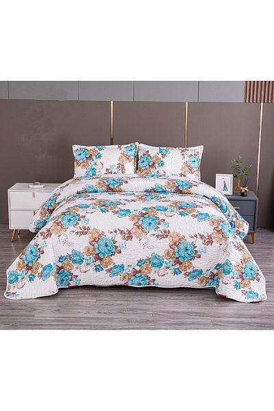 FIONNA.RO Quilted Cotton Quilt With 2 Sides - Blue Roses