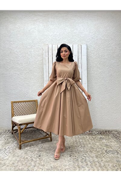 KÜÇÜĞÜM BUTİK Φόρεμα Milk Coffee Big Bow με τετράγωνο γιακά Flared Poplin