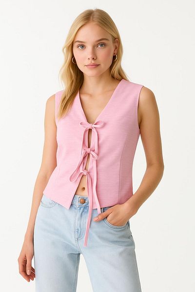 HAKKE Tie-Up Linen Look Blouse Vest