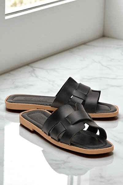 Lideral Black Summer Slippers H Pattern Belted Women's Summer Slippers Dowry Bundle Sea Beach Home Daily Slippers