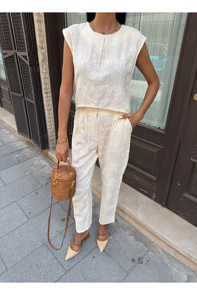 Julidress Embroidered Crop Pants Bottom Top Premium Cotton Linen Set
