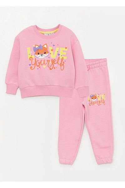 Calimera Kids Pink Crew Neck Long Sleeve Baby Girl Sweatshirt and Sweatpants Bottom 2-Piece Set