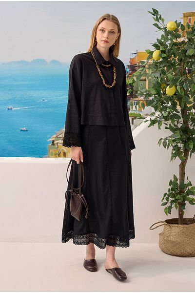 HEQA Lace Linen Skirt Suit Black