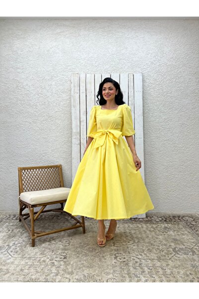 KÜÇÜĞÜM BUTİK Yellow Big Bow Square Neck Flared Poplin Dress