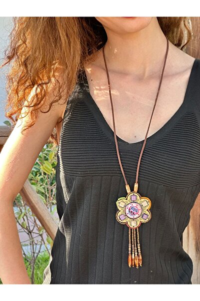 Gönülden Tasarım Deri Etnik Tasarım Boncuklu Çiçek Kolye 36 Cm