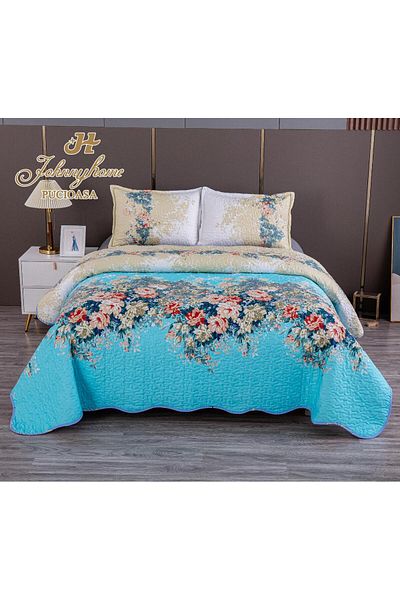 FIONNA.RO 2-Sided Quilted Cotton Blanket - Blue With Roses