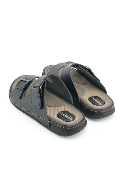 GEZER Yazlık Erkek Suni Deri İki Toka Ayarlanabilir Rahat Taban Günlük Terlik