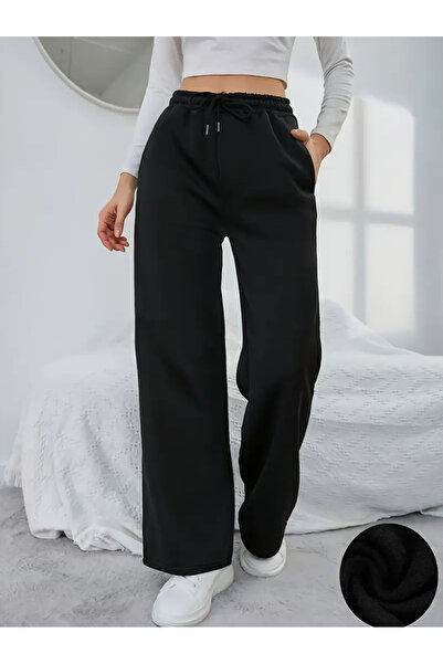 LOSSİA Γυναικείο μαύρο φαρδύ παντελόνι φόρμας μεγάλου μεγέθους, υψηλής ποιότη...