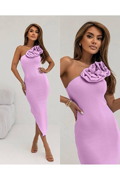 hipnoz butik kadın gül detaylı kaşkorse kumaş midi boy elbise