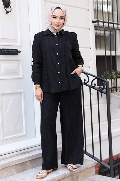 N.S NEVA STYLE Black Hijab Double Set with Stripe Detail 32336S