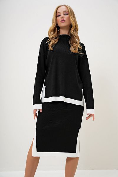 VAGGON Crew Neck Sleeve and Hem Stripe Detailed Knitwear Blouse and Midi Length Skirt Set