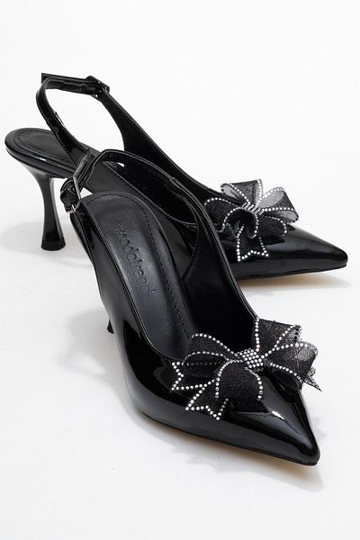 CCWAY AYAKKABI Ribbon Stone Women's Heeled Shoes Black Rugan