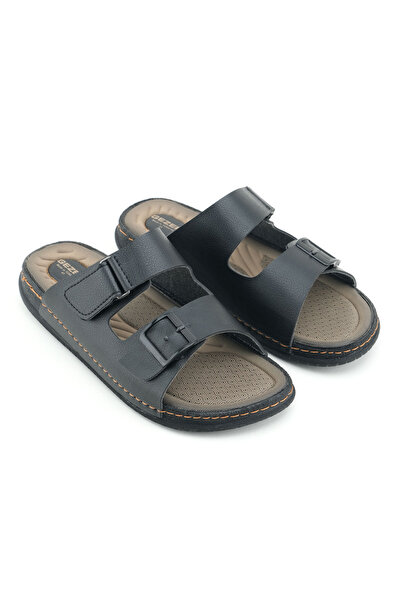 GEZER Yazlık Erkek Suni Deri İki Toka Ayarlanabilir Rahat Taban Günlük Terlik