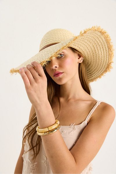 Bianco Lucci Women's Fringed Stripe Detailed Wide Straw Hat 14730 60801014
