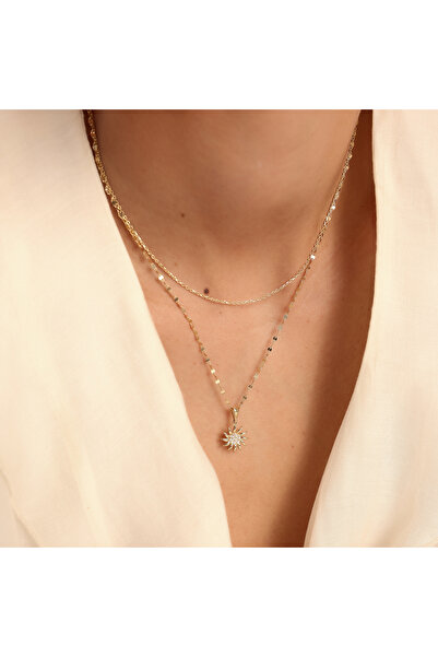 SESERA Taşlı Güneş Altın Kolye Ucu