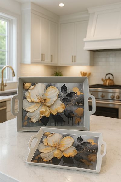 Makri 40X30 and 33X26 cm Decorative and Stylish Flower Patterned Set of 2 Rectangular Presentation Tray