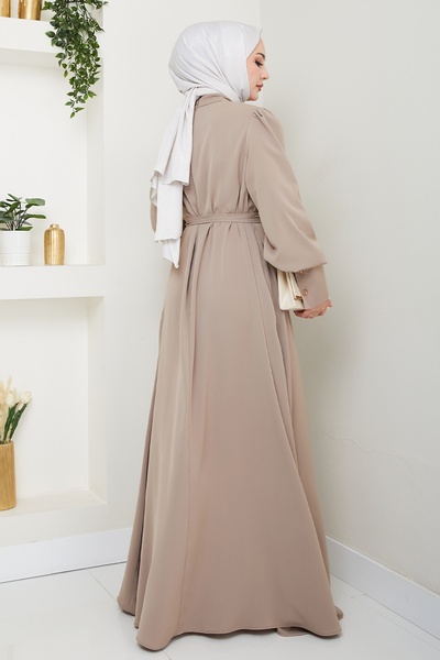 InStyle Пряма модель бежевої сукні з рукавом-балон