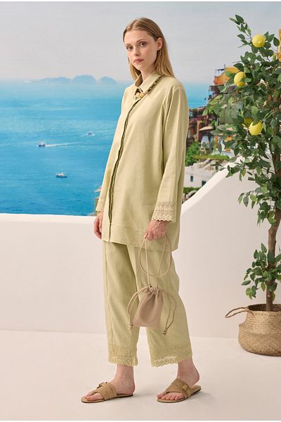 HEQA Lace Linen Trousers Set Light Sage