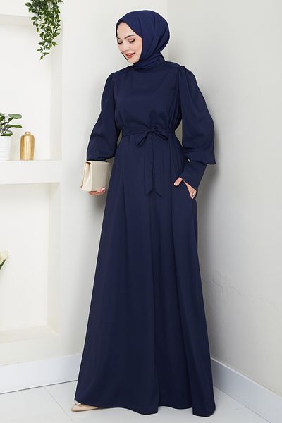 InStyle Balloon Sleeve Plain Model Navy Blue Dress