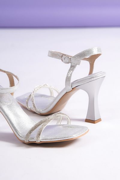 Hvz Elegant Comfortable Heeled Ankle Strap Sandals - Glitter Stone Evening Dress Evening Shoes