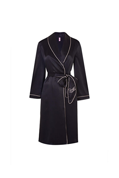 Agent Provocateur Siyah İpek Classic PJ Sabahlık, Kontrast Detaylı, Kuşaklı, Diz Altı