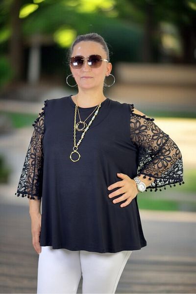 yagmurberen Window Detail Sleeves Lace Cycling Collar Plus Size Bluz Black