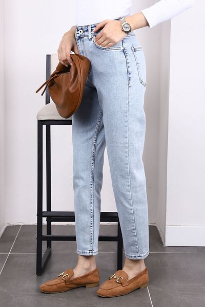 İmajButik Pantaloni albastru deschis cu talie înaltă Mom Jeans