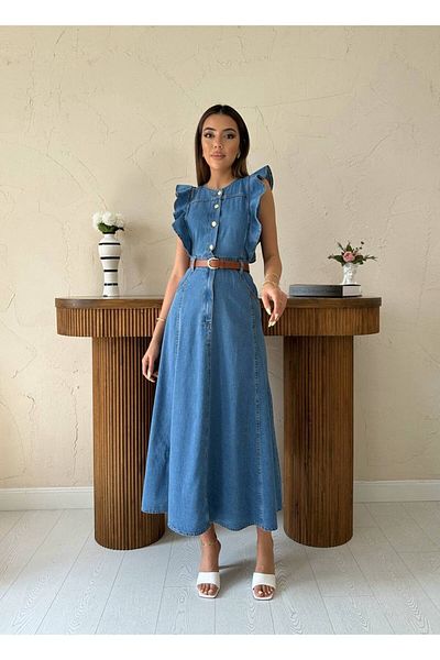 369 etnik butik Ruffle Detailed Sleeveless Buttoned Denim Dress - Blue