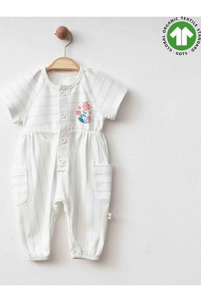 Zekids Baby Girl Organic Cotton Striped Short Sleeve Elastic Leg Jumpsuit
