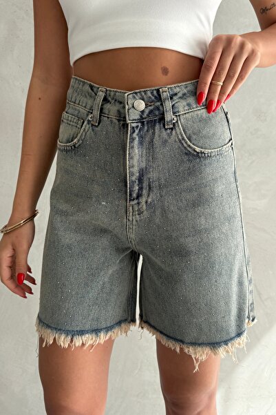 Ulino Koyu Mavi Soluk Efektli Paça Püskül Detaylı City Boy Denim Şort