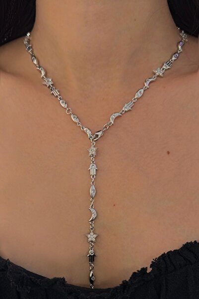 Okko Store Steel Crescent Detailed Y Necklace