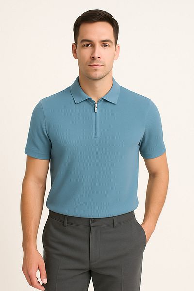 LACİVERTMEN Lacivertmen 2938 Aqua Piqué Lycra Honeycomb Single Jersey με υφή με φερμουάρ γιακά πόλο