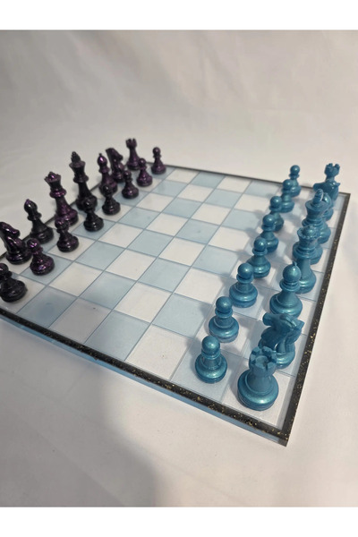 Finecraft Handmade Epoxy Resin Chessboard – Semi-Transparent Blue/Black Border with Gold Foil